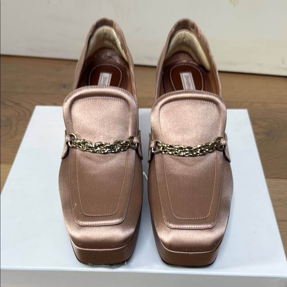 Zimmerman Blush Satin Loafers with Gold Chain in original box with dust bags